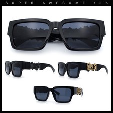 Locs Mens Bold Gothic Logo Thick Arm Horn Rim Gangster All Black Sunglasses