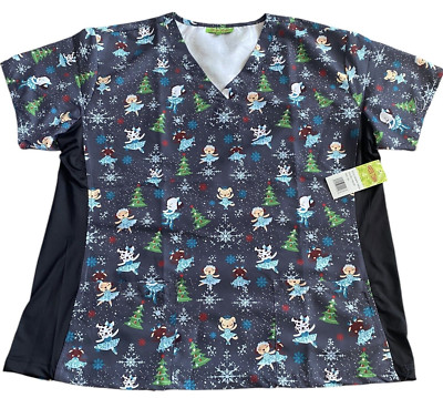 Green Town Christmas Scrub Top - 2X - Gray w/ Christmas Trees & Ballerinas