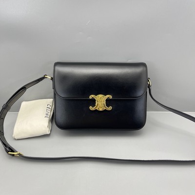 Authentic Celine Triomphe Medium Shoulder Bag   Black Patent Leather 24cm