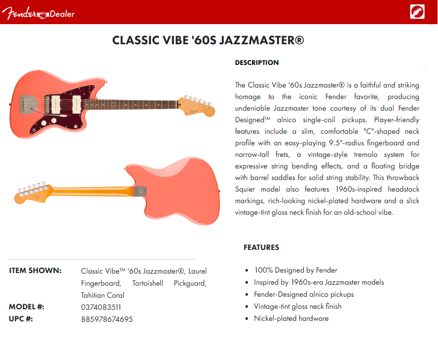 Genuine CLASSIC VIBE Fender Squier JAZZMASTER 60s Series Coral