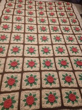 VTG Handmade Crochet 3D Rose Afghan Throw Blanket 76 x 52  Granny Square Roses