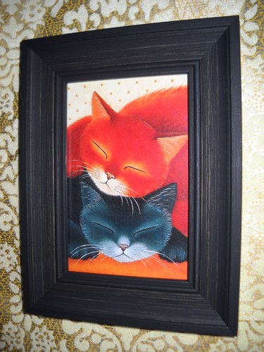 2 CATS NAP 4 X 6 black framed animal picture Vintage style wall art print