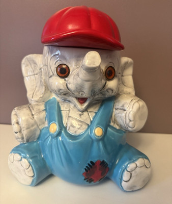 Vintage American Bisque Elephant Cookie Jar Red Baseball Cap Blue Overalls 1966