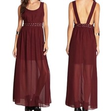 Forever 21 Burgundy Lace Up Grommet Open Back Chiffon Maxi Dress Small