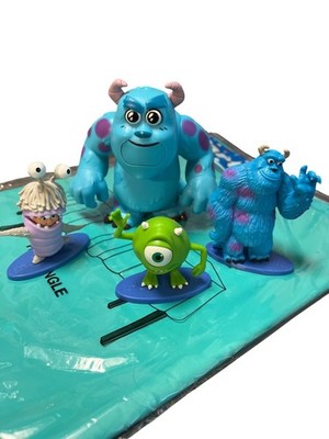 Monsters Inc Figurines Set & Teal Plastic Table Cover 54''x108''  Birthday Party