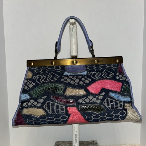 Vtg Original By Caprice Patchwork Purse /Handbag Colorful Exotic Snakeskin Blue