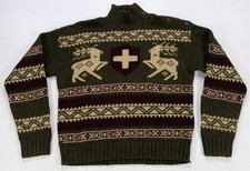 Rare Vintage POLO RALPH LAUREN Nordic Reindeer Mock Neck Sweater 90s Green SZ XL