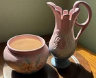 Lot(2) Hull Pottery Pieces Handled  Vase Pink Blue & Pot/Bowl Pink Yellow Floral
