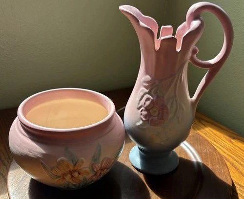 Lot(2) Hull Pottery Pieces Handled  Vase Pink Blue & Pot/Bowl Pink Yellow Floral