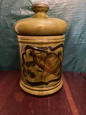 Vtg Los Angeles Potteries Canister Olive Green Vegetables Hand Decorated 1963