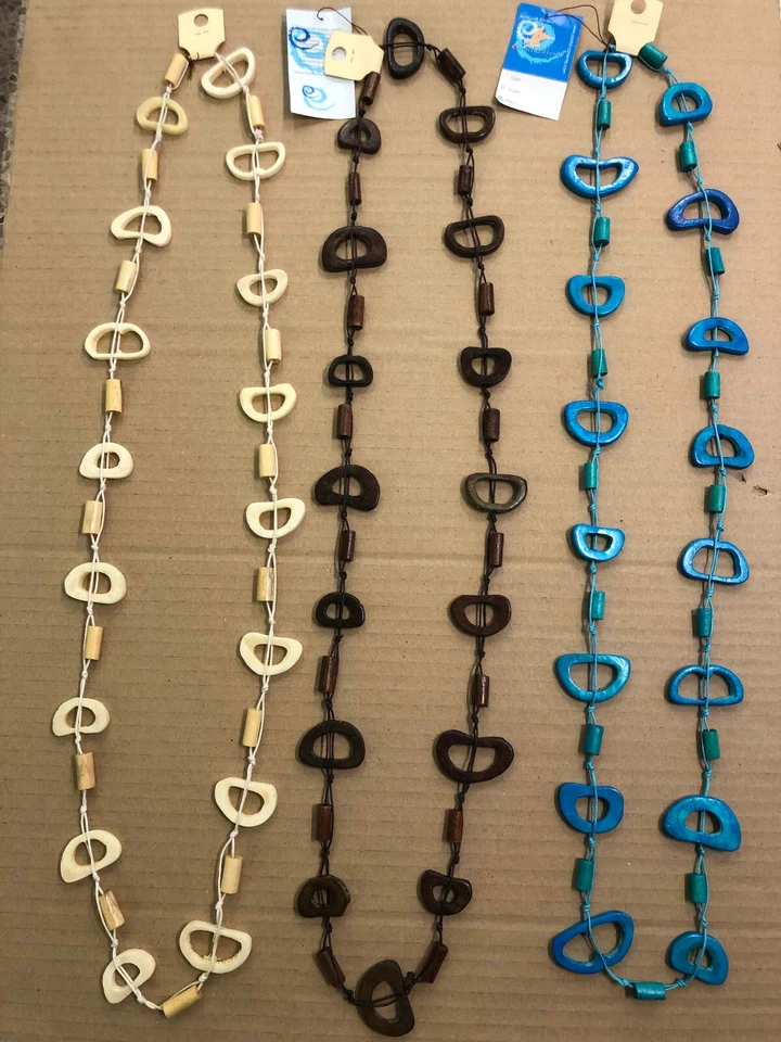 3 COLLANE IN OSSO E EGNO COLORI, NATURALE,  MARRONE TURCHESE BIGIOTTERIA CM 55 - Immagine 2 di 2