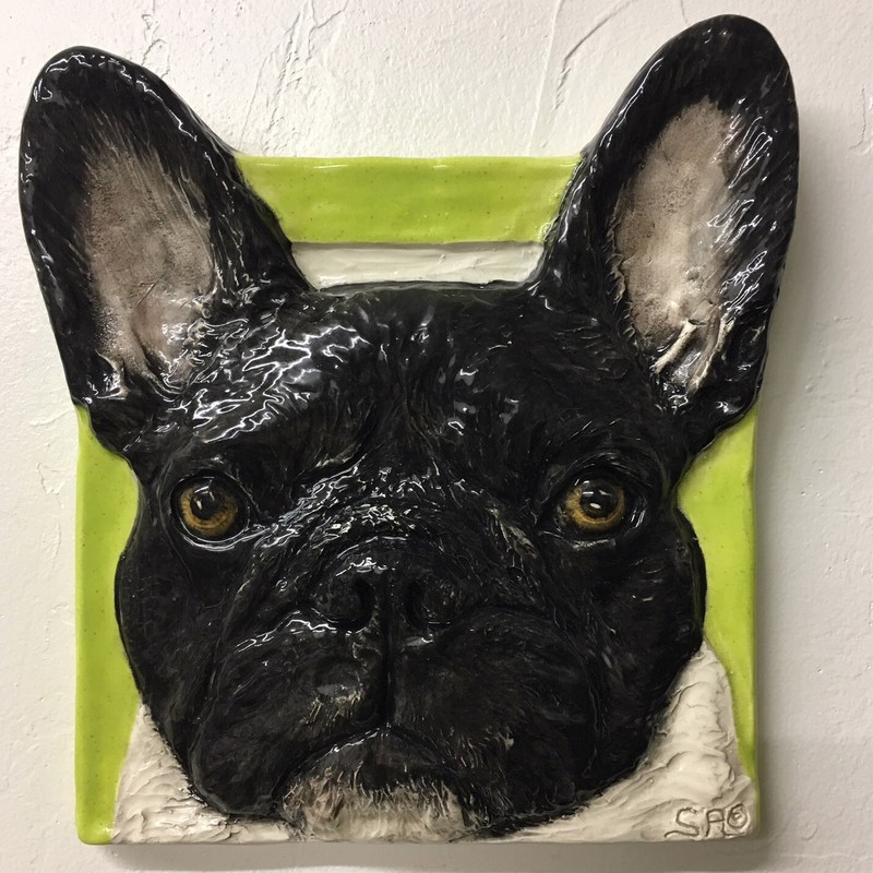 French Bulldog Ceramic bas-relief dog tile handmade by Sondra Alexander Art
