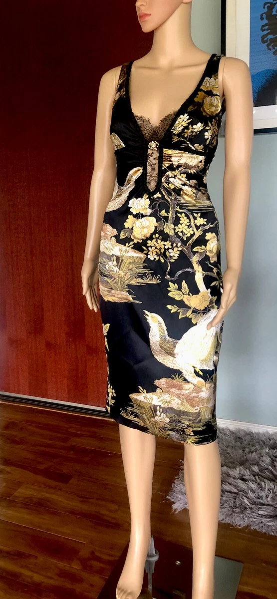 ROBERTO CAVALLI F W 2006 Runway Pheasant Print Stretch Silk Dress IT 40