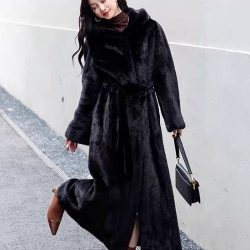 Natural Faux Fur Coat with Hood Raccoon Fur Women Long Jacket