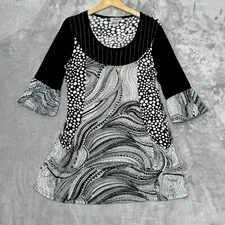 Parsley & Sage Top Womens Medium Black White Knit Mixed Print 3/4 Sleeve Artsy