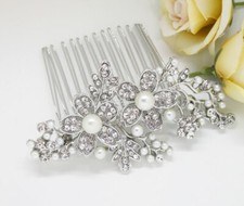 Silver tone wedding pearl crystal rhinestone bridal hair comb accessories 35077