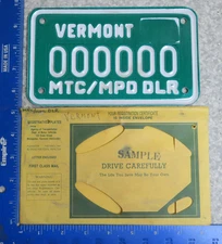 Vermont License Plate Tag VT Sample Motorcycle Moped Dealer # 000000