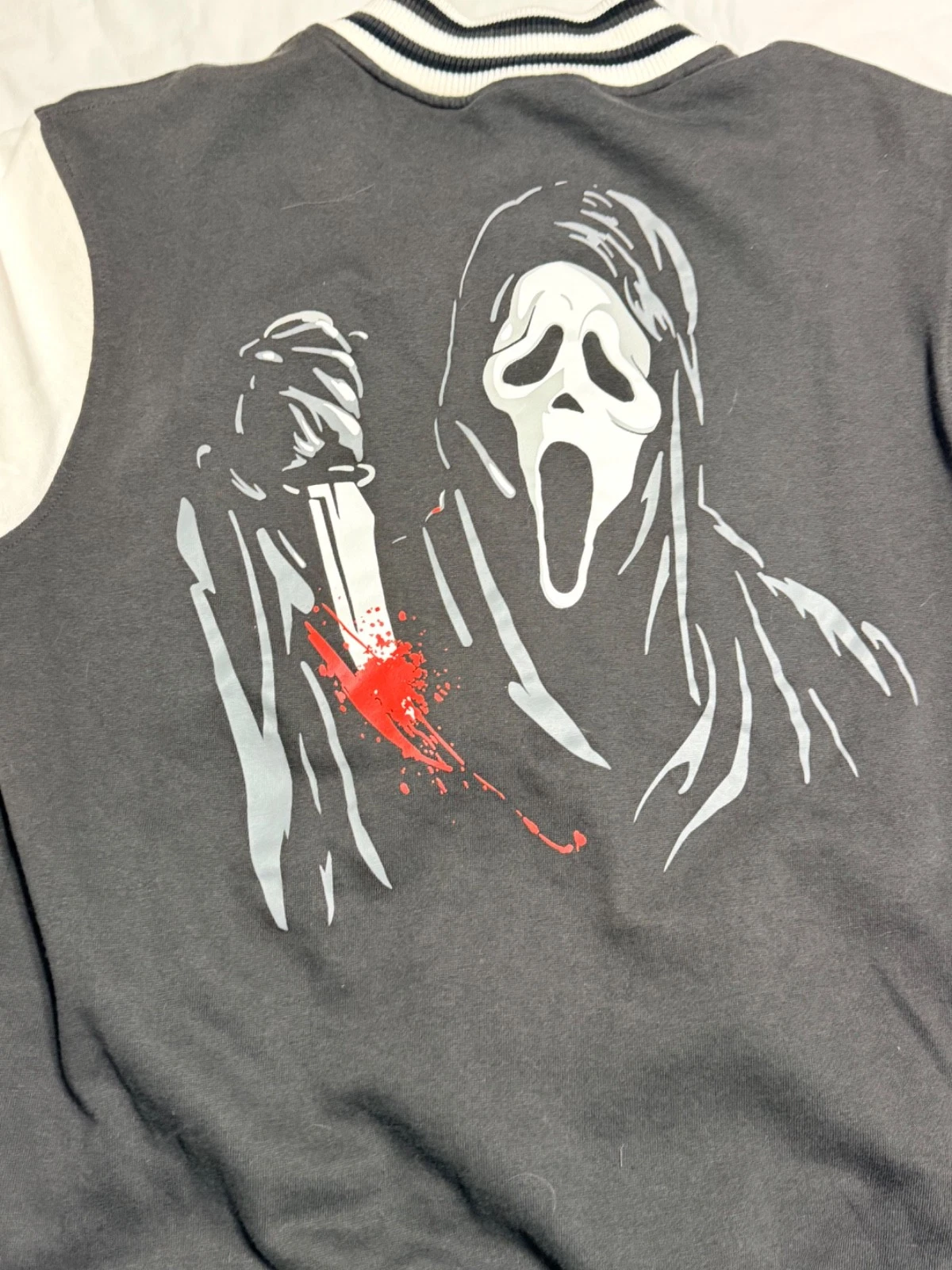 Ghostface Scream Varsity Jacket Mens Medium Black White Graphic Slasher Horror image 1