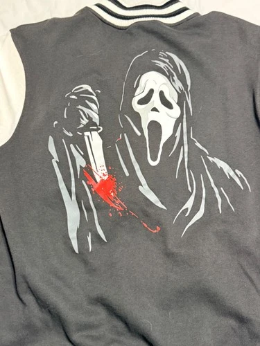 Ghostface Scream Varsity Jacket Mens Medium Black White Graphic Slasher Horror - product listing photo