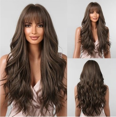 Brown Wavy Wigs 26' Women Bangs Long Natural Synthetic Hair Wig Daily LC2088-2