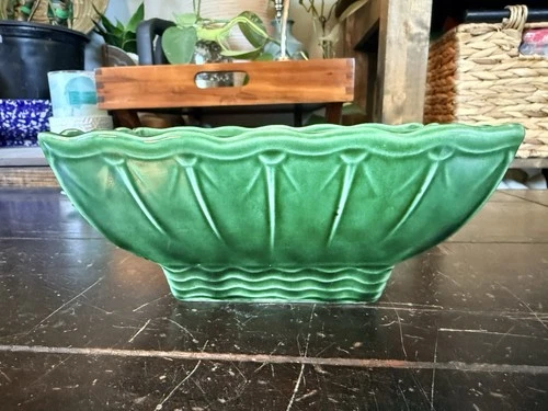 Vintage McCoy Green Rectangular Scalloped Edge Wavy Base Planter 7”x4.5”x3”