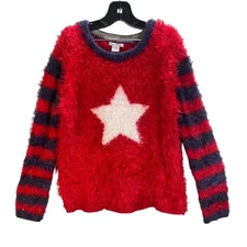 Hartstrings Sweater Girls Size 7/8 Striped Preppy Patriotic Fuzzy Cozy