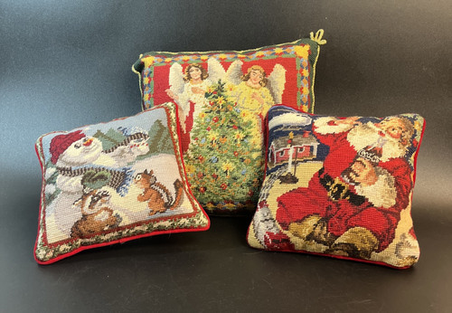 Vtg Needlepoint Christmas Pillow Lot Angel Tree Snowman & Santa 9-14" Coca Cola