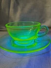 VTG Federal Green Uranium Glass Tea Cup And Saucer,Glows with UV