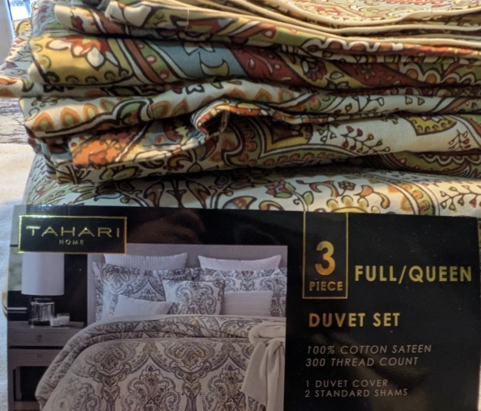 TAHARI PAISLEY MOROCCAN RUST BLUE GOLD FULL/QUEEN DUVET 4 SHAMS 1 CURTAIN PANEL - Image 4 of 4