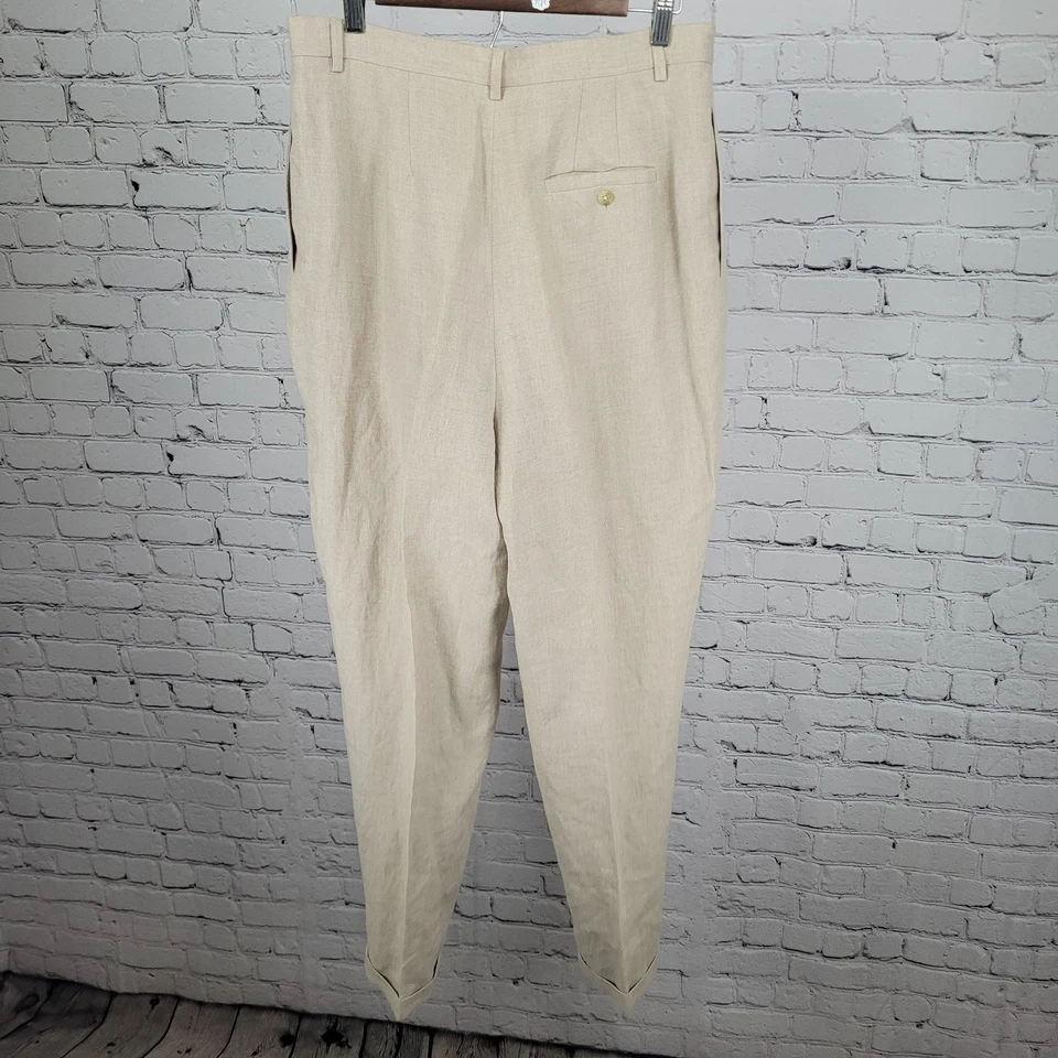 Pantalones Classiques Entier Beige 100% Lino Plisado Forrado Puños Cónicos 14 (30x31) Foto 2 de 4