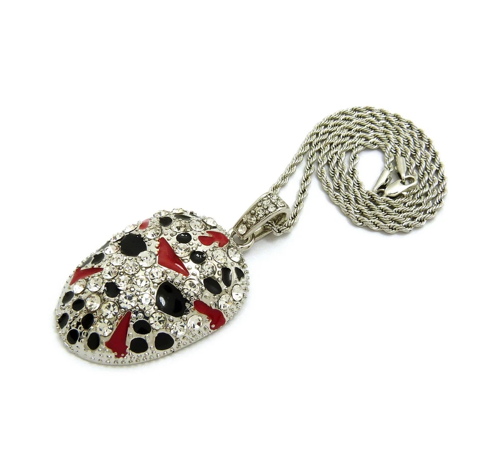 Colgante Máscara Hombre 21 Savage Jason Con Cadena Cuerda 24" 2mm Chapado en Rodio 14K Foto 3 de 4