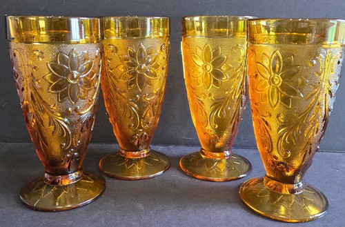 Indiana Glass 4 Tiara Amber Glasses Tumblers Sandwich Footed Iced Tea Vintage - Picture 2 of 6