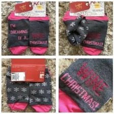Chaussettes de Noël M&S neuves avec étiquettes, je rêve d’un vin Noël, flocon de neige rose et gris