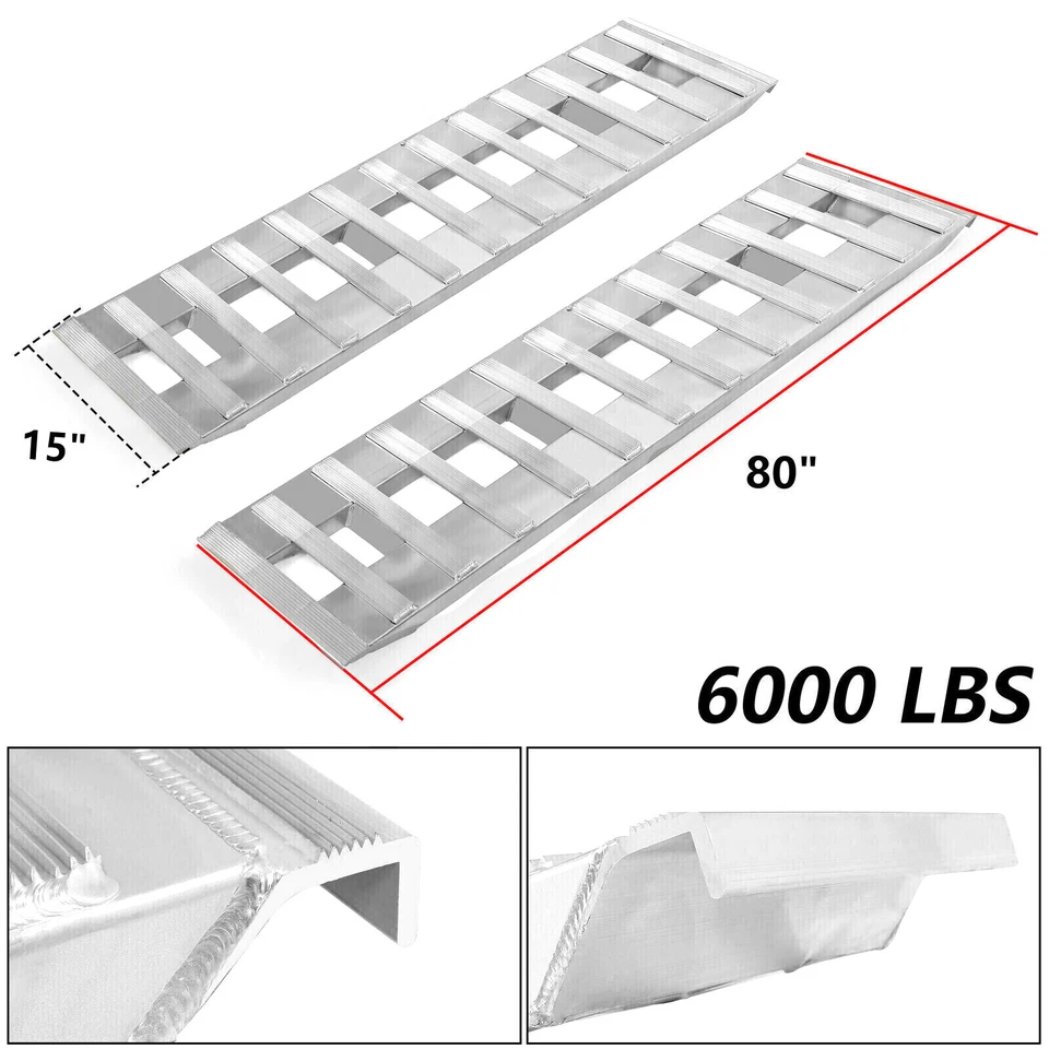 80"×15" Aluminum Ramps 2 Pcs 6000Lbs Car Trailer Truck Hook End Knife 1 Pair - Image 4 of 4