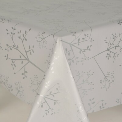 SILBERGRAU EINFACHE BLÄTTER STIELE PVC KUNSTSTOFF VINYL TISCHDECKE ABWISCHBAR ESSZIMMER