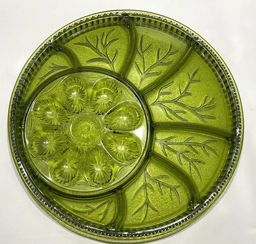 Vintage Large Indiana Glass 13" Green Deviled Egg Hors D'oeuvre Tray # 7703