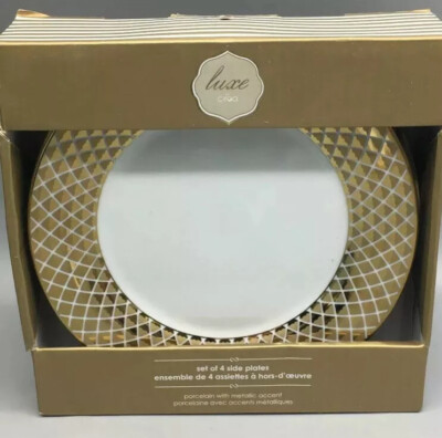 4 CIROA Luxe Metallic Gold Lattice Dessert Side Plate Set 7.5  Christmas Holiday