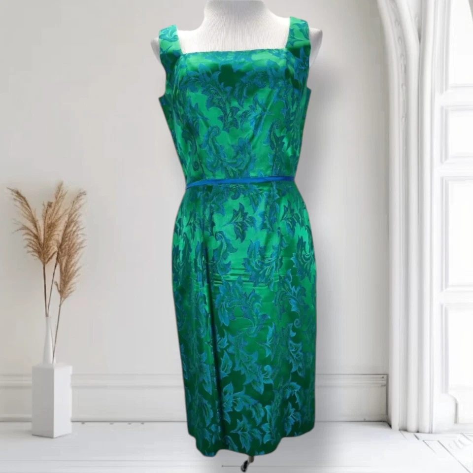 Винтажный 60-х Lilli бриллиант коктейльная куртка платье размер M зеленый парчи азиатский Inspo - Изображение 2 из 4