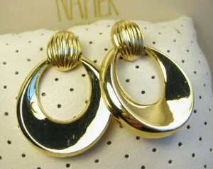 Vintage Chic Liz Claiborn Polished Gold Plated Drop Dangle Hoop Clip On Earrings