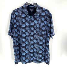 Nat Nast Mens Button Front Bowling Shirt Short Sleeve Blue Silk Blend Palms Sz L