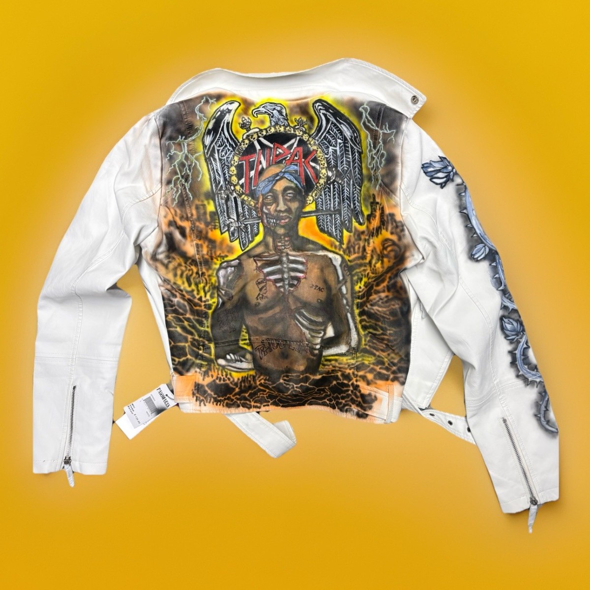 Hand Painted Men's White Faux Leather Biker Jacket Full Zip