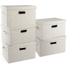 Medium 15" 21 Quart Collapsible Stackable Storage Bins With Lids 5 Packs Beige F