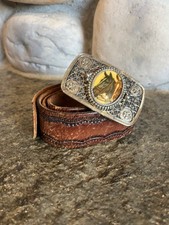 Vintage Western Belt and Buckle Quarter Horses Silver Cream USA Cowboy Rodeo