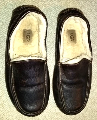 Mens Slippers-UGG-'Dark Spice' brown 'Ascot Leather Slipper' wool lined-8 - Image 1 of 4