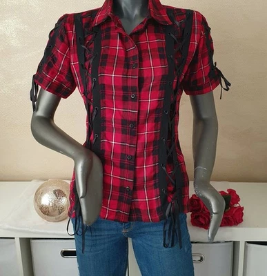 Gothicana by EMP Damen Karo Bluse rot schwarz mit Schnürung Gr. L (40) wie neu - Bild 1 von 4