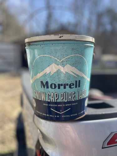 vintage Morrell snow cap Pure Lard empty 8 pound tin w handle, Great colors! - Picture 2 of 5