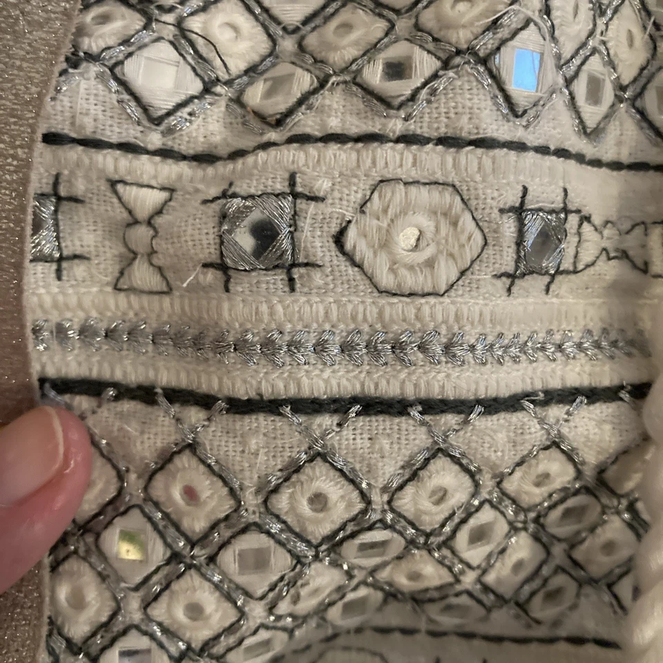 Star Mela White grey mirrored Cotton bag with leather Strap Crossbody Tassles - Image 3 of 4