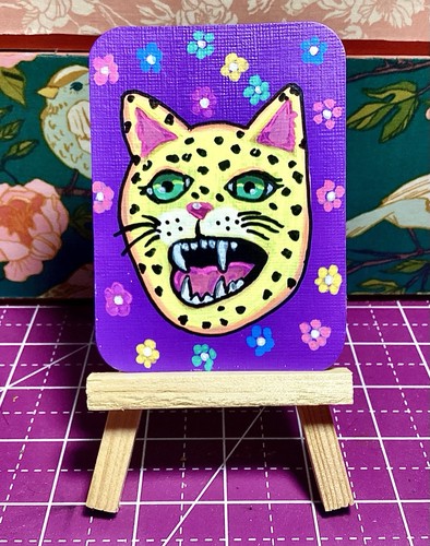 aceo original painting jaguar ocelot mexican folk pop art