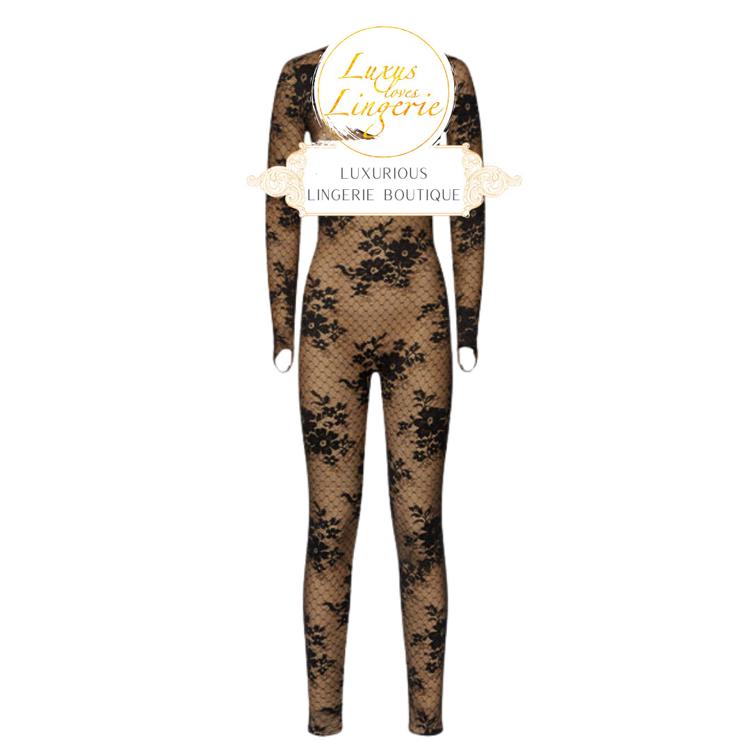 Pattie Jumpsuit by Wolford X N21 36 Vanilla Latte Black Catsuit with Lace Sheer image 4