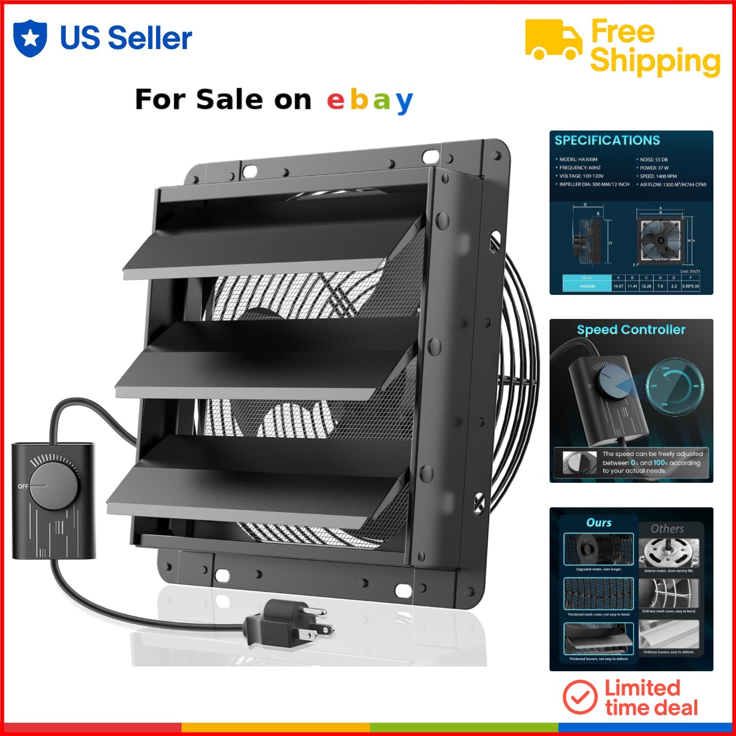 12 Inch High Speed Black Exhaust Fan 764 CFM with Speed Controller